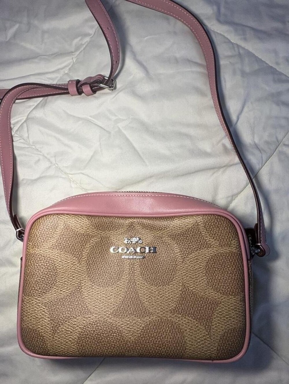 Coach Brown Signature Crossbody with Pink Trim